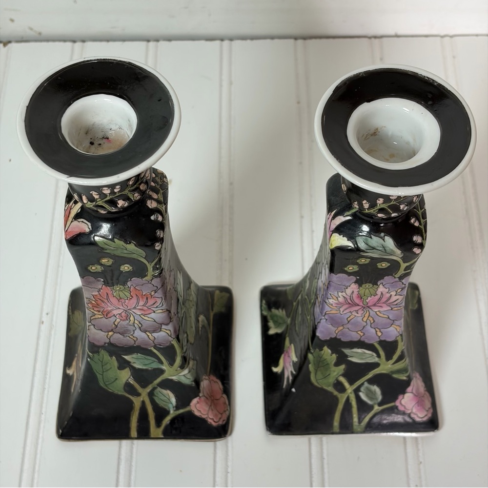 Vintage Floral Chinoiserie Macau Candlestick Holders | Set of 2 - Picture 5 of 10